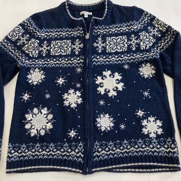 Croft & Barrow Fair Isle Embroidered Snowflakes Winter Sweater Cardigan Sz Med - Picture 3 of 9